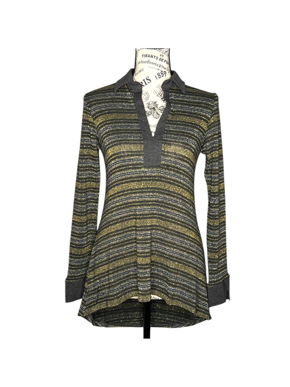 Laila Jayde (XS) Shimmer Stripe Collar Long Sleeve High Low Metallic Knit Top